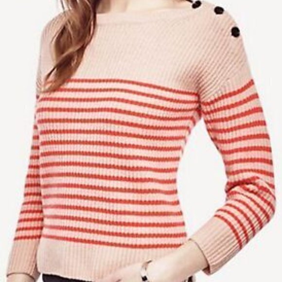 Ann Taylor Wool Cashmere Striped Ribbed Bateau Neck Sweater L Cream/Tan/Orange - Picture 1 of 16